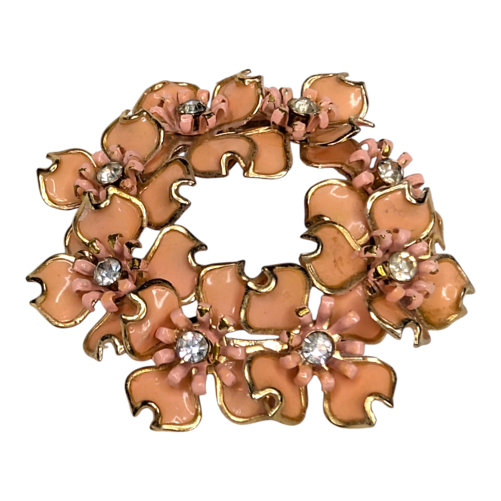 Pale Pink Gold‎ Foil Rhinestones Flower Brooch Pin Plastic Metal Vtg Jewelry